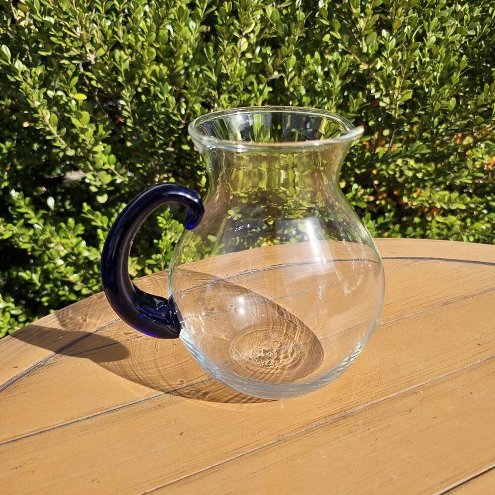 Vintage Blown Glass Drink Pitcher with Cobalt Blue Handle